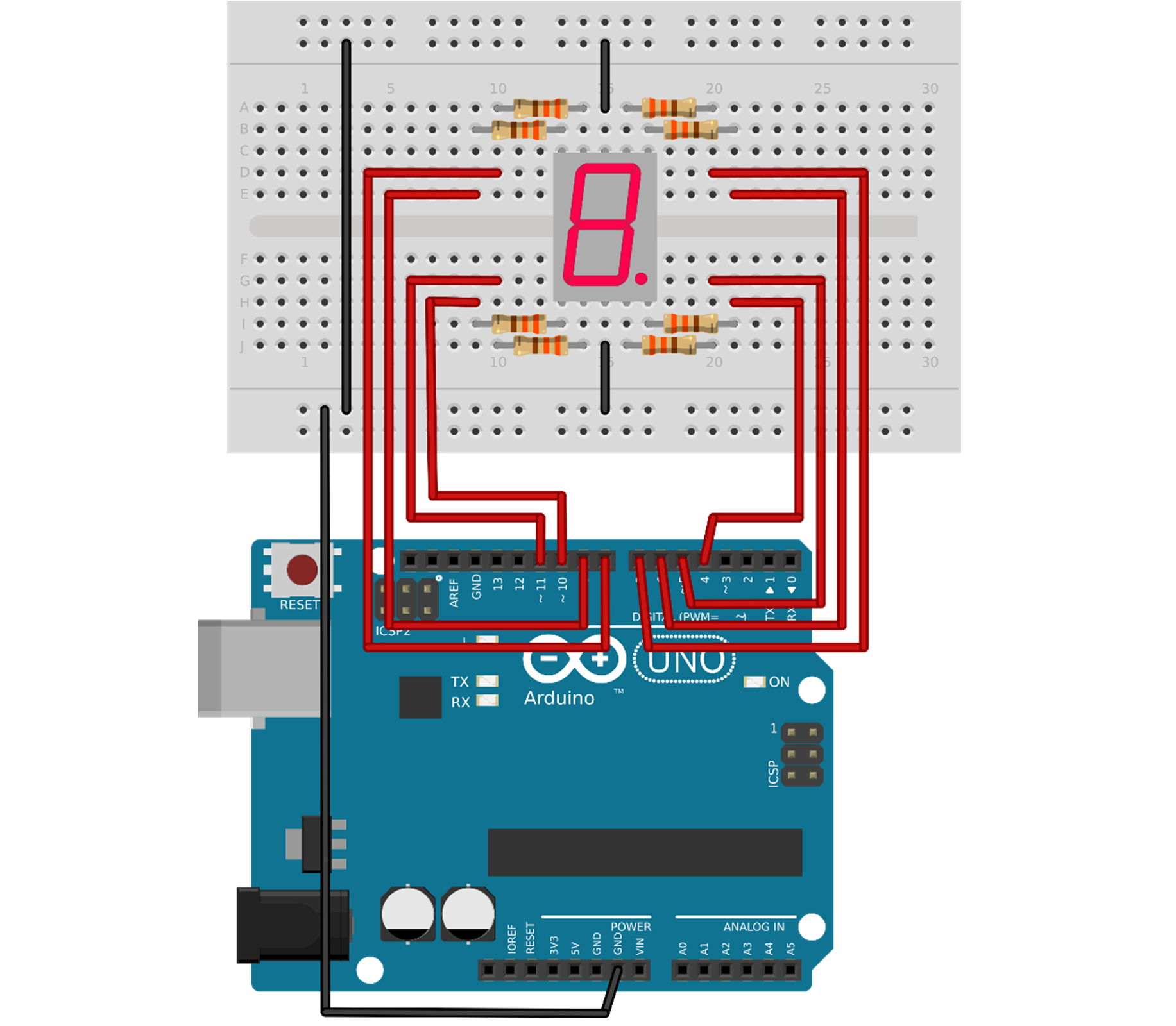Setting up experiment for 7-segment LED (Common Anode) with Arduino UNO (required component: 7-segment display (Common Anode), jumper wires, 330 ohm resistors, a solderless breadboard, and Arduino UNO board)
