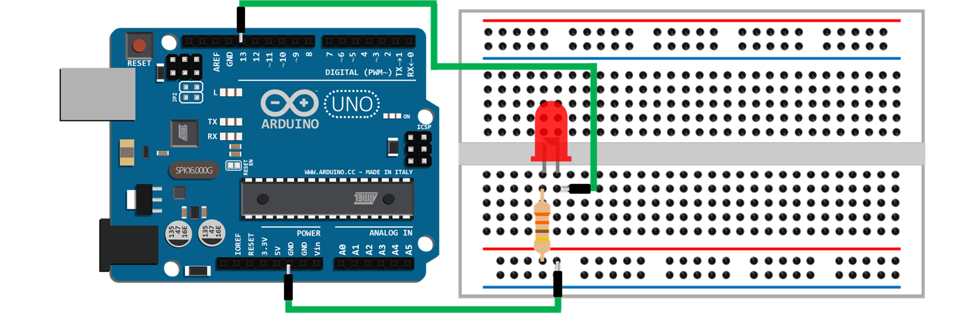 Setting up experiment for blinking LED with Arduino UNO (required component: Arduino UNO, jumper wires, breadboard, LED, resistor)