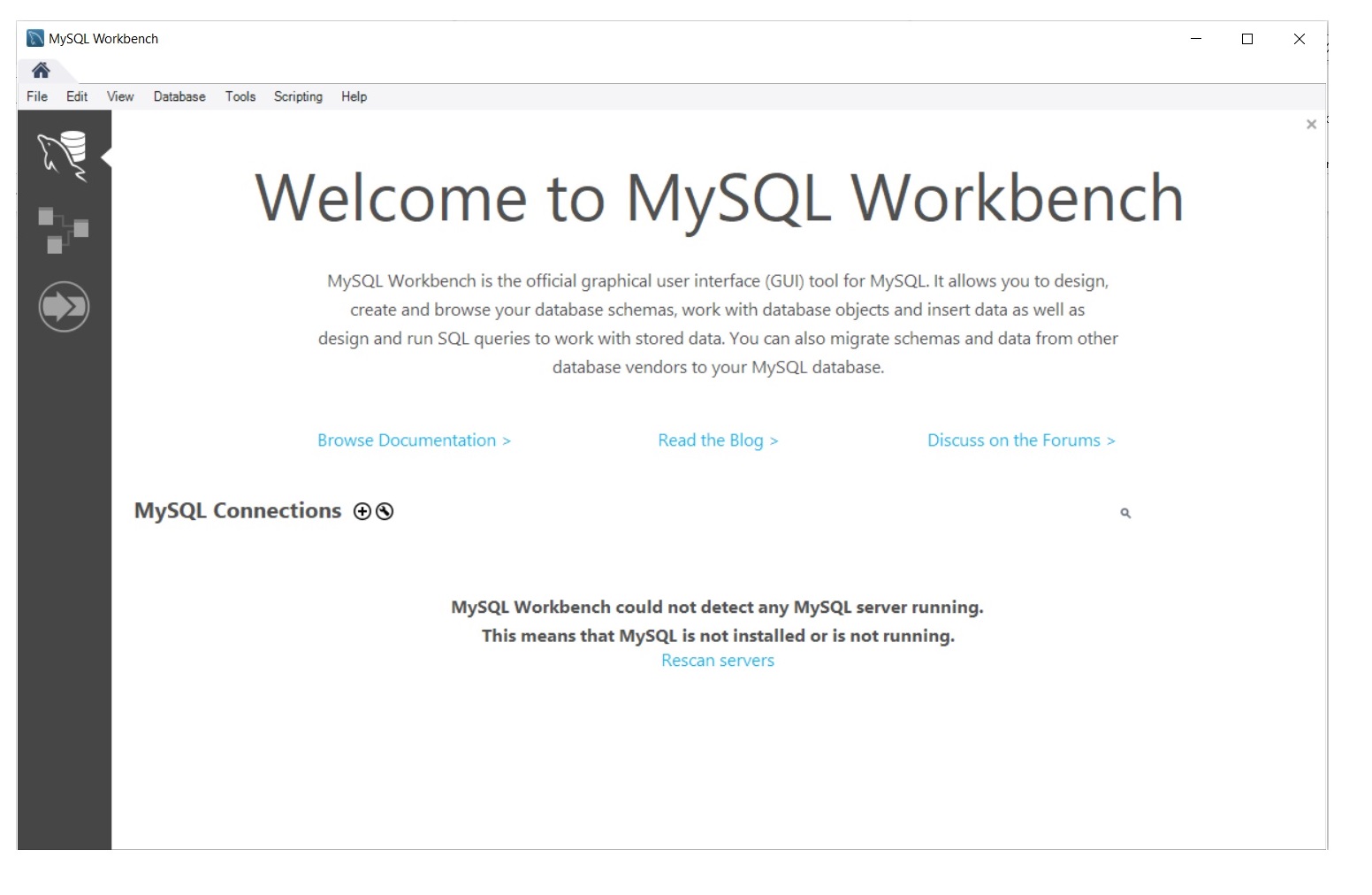 home screen tab of mysql